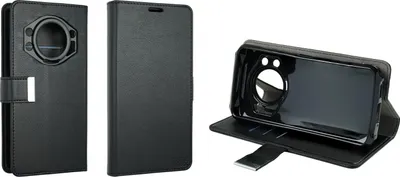A black leather flip case for a smartphone, shown from different angles.