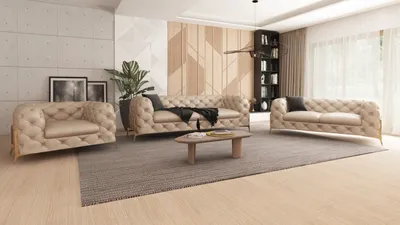 Produktbild von S-STYLE MÖBEL - Nebula - Chesterfield Polstergarnitur 3+2+1 mit Goldene Metall Füßen aus Beige Samtstoff,  B/T/H: 3er - 225 cm/ 100 cm / 75 cm