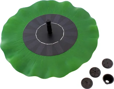 A solar-powered fountain shaped like a lotus leaf, with several nozzle attachments shown separately.