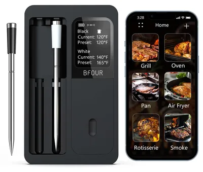 Immagine prodotto di Termometro Bluetooth per barbecue Zimilo con 2 sonde, controllo tramite app, impermeabile, display LCD, autonomia di 90 ore, termometro per carne da barbecue