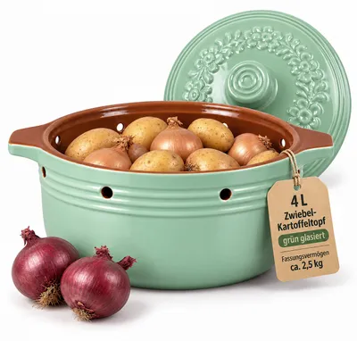 Produktbild von KERAZO 4 Liter Kartoffeltopf rund aus Steingut Keramik mit Deckel, Zwiebeltopf Vorratstopf Gemüsetopf, grün