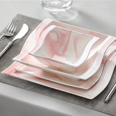 Produktbild von MALACASA, 26-tlg Marmor Porzellan Geschirrset, Kombiservice mit Schalen, Dessertteller, Suppenteller, Speiseteller, Servierplatten, pink