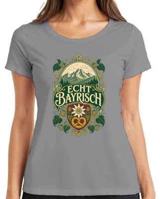 Imagen del producto de Camiseta para mujer, estilo bávaro alpino, con motivos de montañas, edelweiss, pretzel, lúpulo, lederhosen y dirndl. Color: gris. Talla: S