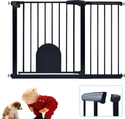 Image de LZQ Barrière de sécurité sans perçage, 105-115cm barrière de sécurité avec portillon pour enfants, chiens et chats, barrière d'escalier avec fonction auto-close & keep-open, noir
