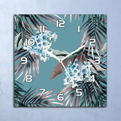 Produktbild von Deko Glasuhr Wanduhr 30x30 Palmblätter Blüten Quarz Küchenuhr Bürouhr