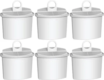 Six white water filter cartridges arranged in two rows of three against a white background.