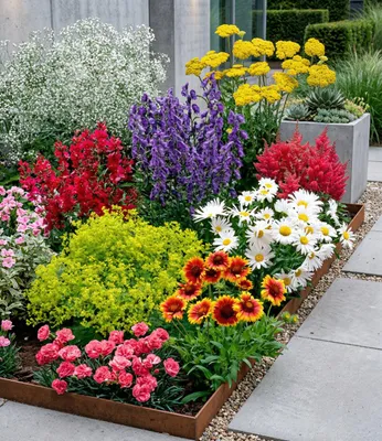 Produktbild von BALDUR Garten 9er Set Bunter Staudengarten, Pflanzen im 7x7 cm-Topf, Staudenbeet, rote Astilbe, weißes Schleierkraut, Kokardenblume, Glockenblume, rosa Federnelke, Frauenmantel, roter Bartfaden, etc.