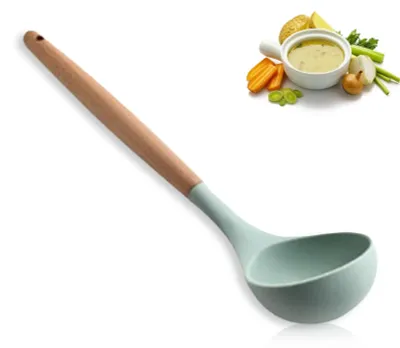 Produktbild von Silikon-Suppenkelle - Hitzebeständiger Servierlöffel mit Holzgriff - Antihaftbeschichtetes Küchenutensil zum Kochen und Servieren