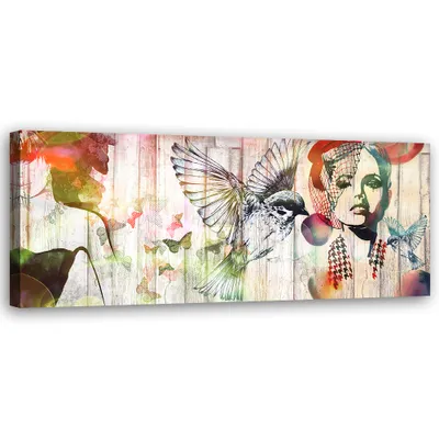 Produktbild von Leinwandbild Frau, Vögel und Schmetterlinge 120x40 Feeby Beige bild für die wand bereit zum aufhängen