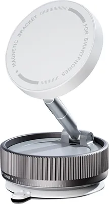 A white magnetic car phone holder with a silver adjustable arm and a silver base with a suction cup.