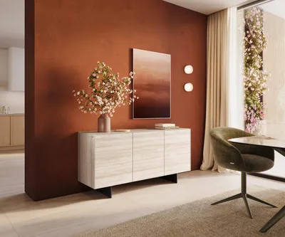 Produktbild von DELIFE Sideboard Cuor 150 cm Keramik Laminam® Travertino Bianco Creme-Weiß 3 Türen Fuß Schwebeoptik Metall Schwarz