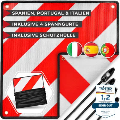 Produktbild von ATHELON® 3in1 Warntafel für Italien, Spanien & Portugal - Reflektierendes Warnschild inklusive 4X Spanngurte & Schutzhülle - Hochwertige Warntafel Italien für Fahrradträger & Wohnmobil