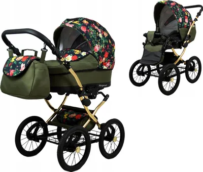 Produktbild von BabyLux® Margaret Gold | 2in1 Kinderwagen Set | Roses With Tulips On Black | Kombikinderwagen |