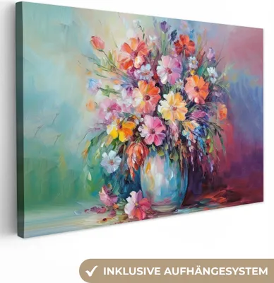 Produktbild von MuchoWow® - Leinwandbilder - Blumen - Kunst - Malerei - Frühling - Blumenstrauß, Wandbild, Wanddeko Bilder Wohnzimmer, 120x80 cm