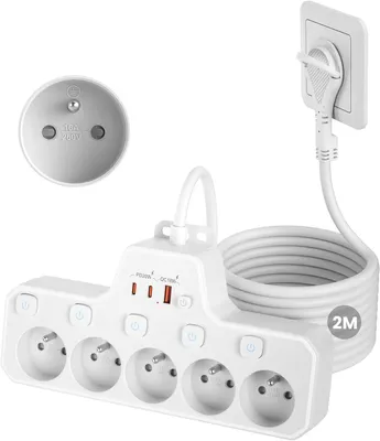 Produktbild von Steckdosenleiste mit flachem Stecker und 5 französischen Steckdosen