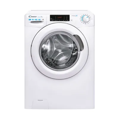 A front-facing studio shot of a white Candy washing machine against a white background.