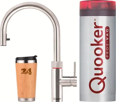 Produktbild von »QUOOKER Flex VAQ PRO3 Zugauslauf Edelstahl & 100°C Armatur (3XRVS)« (2-St) Spültischmischer mit 100°C Kochendwasserfunktion Inklusive Thermobecher