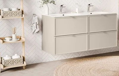 Produktbild von MONTIERT Badmöbel Set mit Doppelwaschbecken BELLA CASHMERE 120 cm MDF SOFT-CLOSE Waschtisch