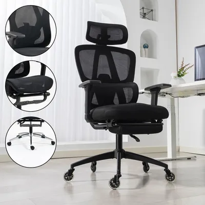 Produktbild von AMBINESS Bürostuhl Schreibtischstuhl | verstellbare Armlehnen & Kopfteil | Ergonomisch | stufenlos verstellbare Lendenstütze | inkl. 2 Rollensets | bis 150kg | Master FX Mesh-Schwarz