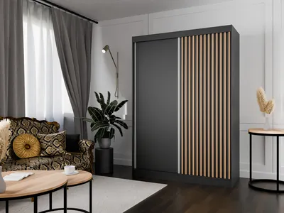 Produktbild von Kleiderschrank Lili mit Lamellen 150 cm inklusive 2 Schiebetüren Schwebetürenschrank Kleiderstange Garderobe Schrank Lieferung bis in die Wohnung (Farbe: schwarz, schwarz, Lamelle wotan)