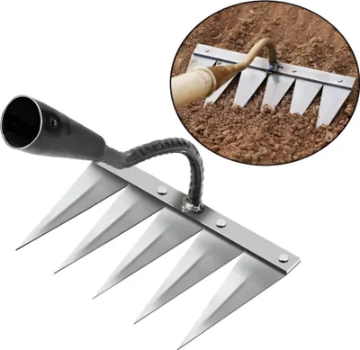 A garden tool with multiple sharp prongs and a handle, shown against a white background. An inset image shows the tool being used in soil.