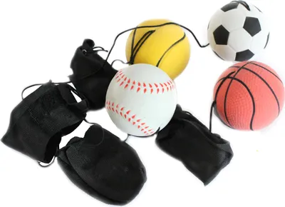 Produktbild von 4er Set Springball/Returnball/Flummi Ø6cm  Armband&Schnur, Fußball/Basketball/Tennisball/Baseball