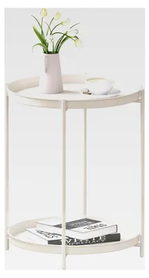 Produktbild von Runder Beistelltisch mit Stauraum, 2 abnehmbaren Tabletts, Wohnzimmertisch, Nachttisch, Sofatisch, kleiner Tisch für Wohnzimmer und Schlafzimmer, aus Metall, Creme, 17 cm hoch