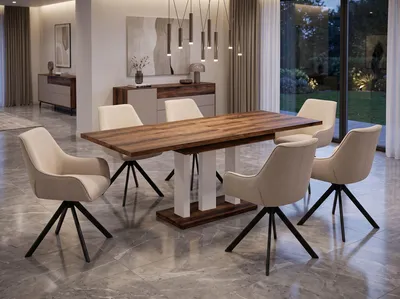 Produktbild von ENDO-Möbel Essgruppe "Appia White" - Esstisch ausziehbar 130-210cm in Eiche Monastery für 6 Personen mit Stühlen in Leinen-Beige