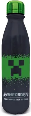 A black aluminum water bottle with a green Minecraft Creeper design and logo.