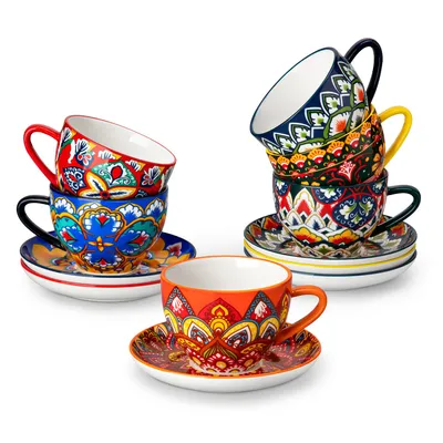 Obrázek produktu pro Sada 6 kávových šálků VANCASSO, porcelánová sada na cappuccino, kávové šálky s podšálky, styl boho