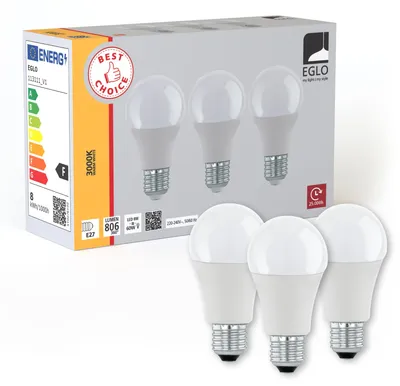 Productafbeelding van 3 x Eglo LED lampen A60, 8,5W = 60W, E27 fitting, mat, 806 lumen, warm wit, 3000K