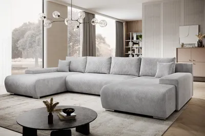 Produktbild von Moebelfest Credo Ecksofa U-Form, mit Schlaffunktion und Bettkasten, U-Form Couch CORD - Stoff Grau
