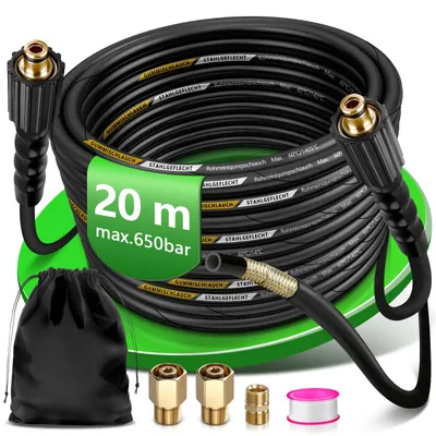 Produktbild von Rohrreinigungsschlauch 20m mit 2 Kärcher Adapter, 400 Bar, 4-Schichten-System, Hochdruckreiniger-Schlauch Hochdruckschlauch mit M22 Messing-Adaptern
