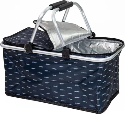 A close-up, studio shot of an open, foldable picnic basket with a silver insulated interior and a navy blue exterior with a white feather pattern. The basket has a silver metal frame and black handles.