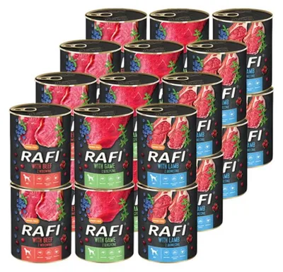 Produktbild von 24x400g Rafi Nassfutter für ausgewachsene Hunde 3 Sorten in Dosen Set