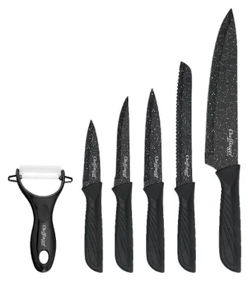 Image de set de 6 couteaux avec éplucheur noir - compact, tranchant & élégant