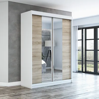 Produktbild von Schwebetürenschrank, 2-türig Schrank mit Spiegel! Moderne Garderobe für Kleidung. Verschiedene Farben (Weiß, Schwarz, Somona) Kleiderschrank NEO 160  cm