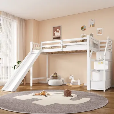 Produktbild von ODIKALO Kinderbett Hochbett mit Rutsche Ablageleiter Stauraum Fallschutz Weiß 90*200 cm