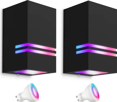Zdjęcie produktu dla SSC-LUXon zestaw 2 lamp ściennych JOVO-S czarny GU10 IP44 z inteligentnymi żarówkami LED WiFi RGB (sterowane za pomocą aplikacji i głosu) - zewnętrzna lampa ścienna 1-światło