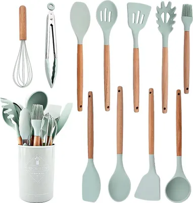 Produktbild von 12-teiliges Silikon-Küchengeschirr-Set, hitzebeständig, antihaftbeschichtet, Kochutensilien für die Küche, Backutensilien mit Aufbewahrungsbox – Hellgrün