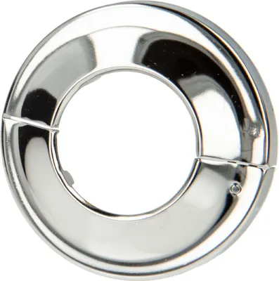 A close-up, studio shot of a single chrome-plated hinge rosette on a white background.