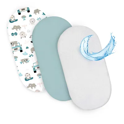 Produktbild von Spannbettlaken Kinderwagen Stubenwagen Set - 2 x Bezug + wasserdicht Matratzenschoner Matratzenbezug Beistellbett Bettlaken 75 x 35 cm Afrika und  Salbeifarbe