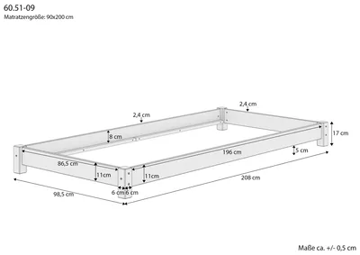 Immagine prodotto di Tre varianti di letto singolo futon molto basso 90x200 in pino massello V-60.51-09Doghe in assi di legno rigide e materasso