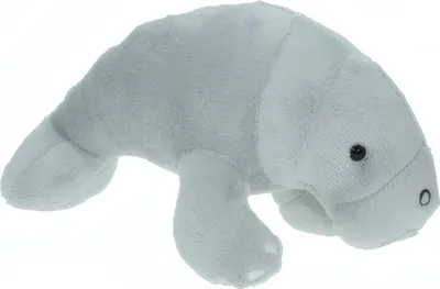 A plush manatee toy on a white background.