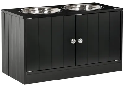 Produktbild von Erhöhte Futterstation mit 2 Edelstahlschüsseln und 44 L Stauraum, Magnettüren, für große Hunde, Schwarz