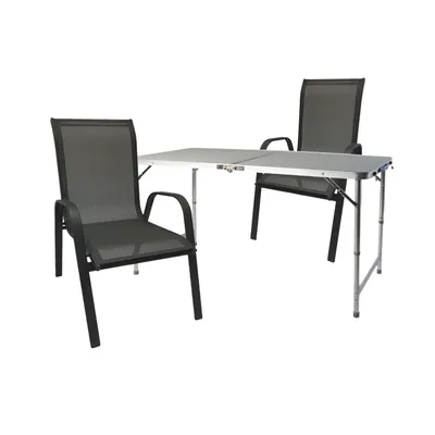 Productafbeelding van 3-delige camping set: inklapbare aluminium tafel + 2 stapelbare stoelen, antraciet/zwart