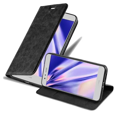 A black flip case for a smartphone is shown with the phone inside, displaying a colorful abstract wallpaper.