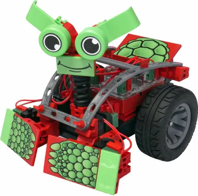 A toy robot made of building blocks.