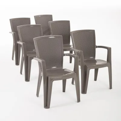 Produktbild von 6er-Set Stühle aus Polypropylen monoblock, stapelbar mit Armlehnen, wasserbeständig, Rattan-Effekt für Garten, Terrasse, Restaurant, Bar, leicht zu reinigen - Diana - Taubengrau