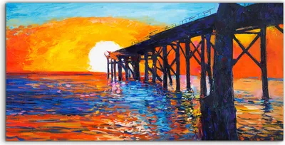 Immagine prodotto di Coloray, quadro acrilico 140x70. Dipinto acrilico da parete, arte, tramonto arancione, molo, vista sul mare